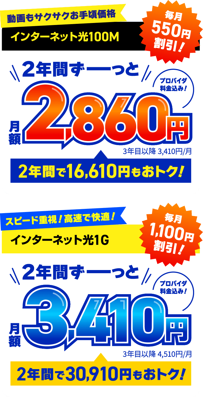 インターネット光100M 2年間月額2,860円、インターネット光1G 2年間月額3,410円