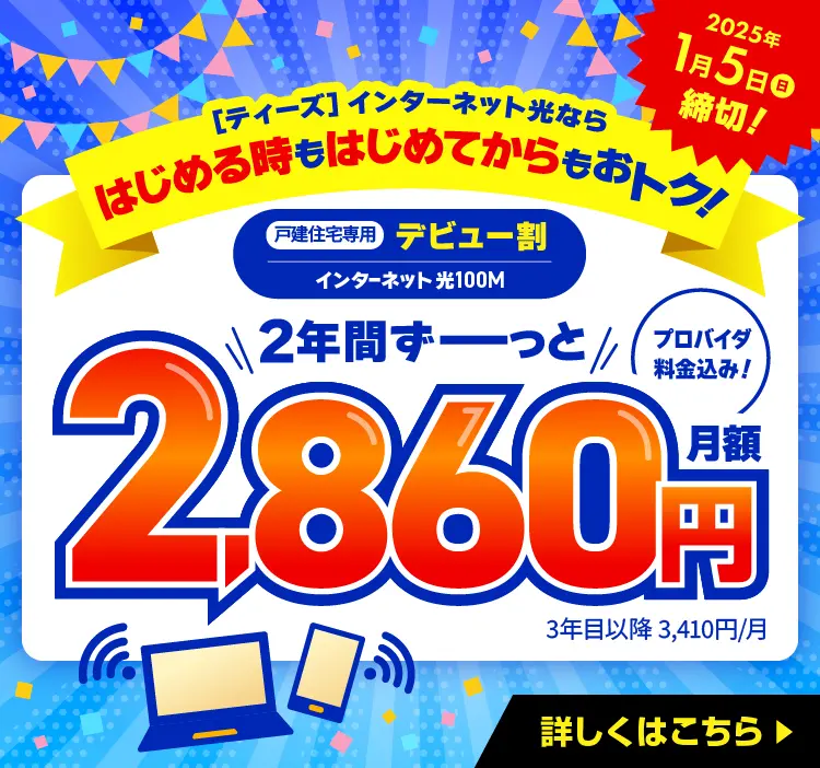 [ティーズ]インターネット光ならはじめる時もはじめてからもおトク！戸建住宅専用デビュー割（インターネット光100M）は2年間ずーっと月額2,860円（3年目以降3,410円/月、プロバイダ料金込み）